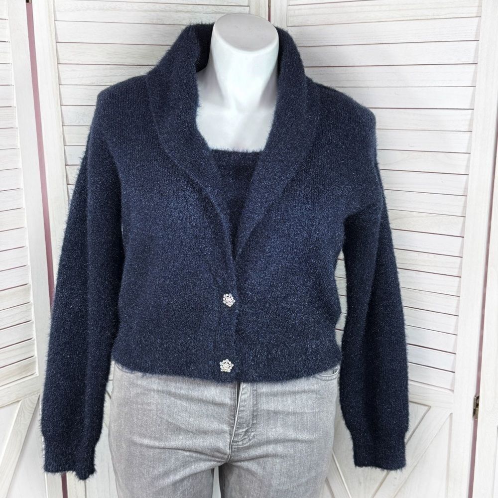 House Of Harlow 1960 Shimmer Sparkle Cardigan Sweater Set Navy Blue XL Chunky